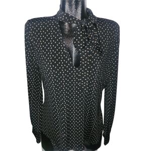 RW&CO Black Patterned Long-Sleeve Tie-Neck Blouse Size XL